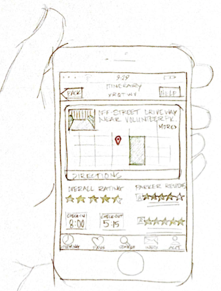 sketch of hand holding phone with draft of app interface